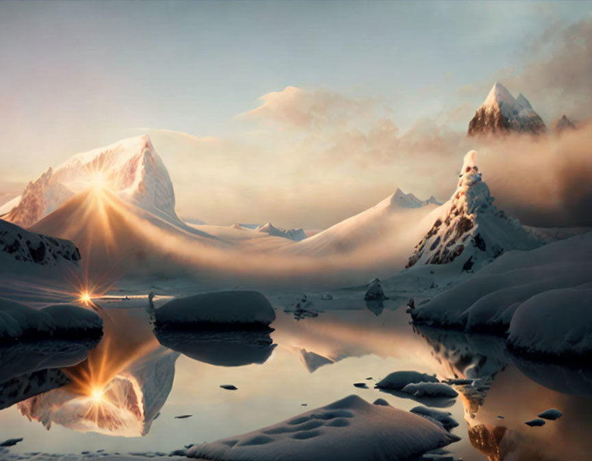 Tranquil snowy landscape with mountain peaks and sunburst effect