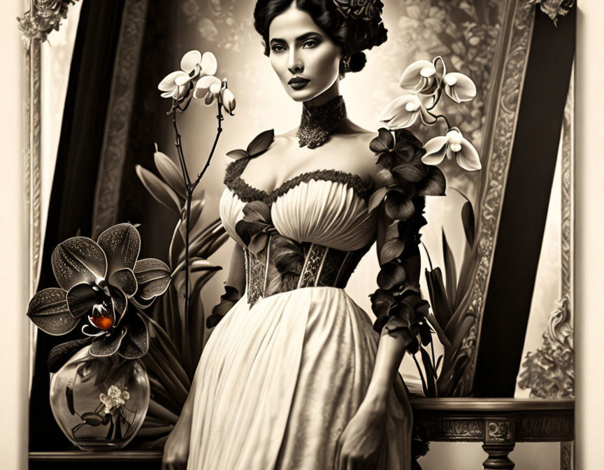 Vintage-themed sepia portrait of a woman with orchids and a bird