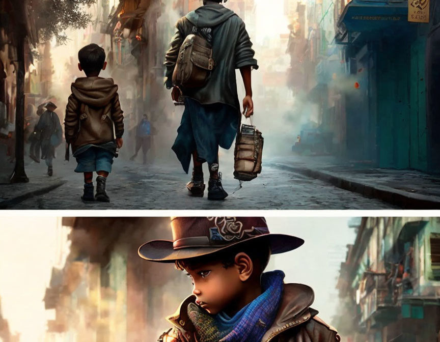 Stylized images of young boy in atmospheric street