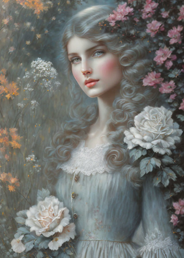 Ethereal portrait of woman with wavy hair and flowers in soft pastel colors