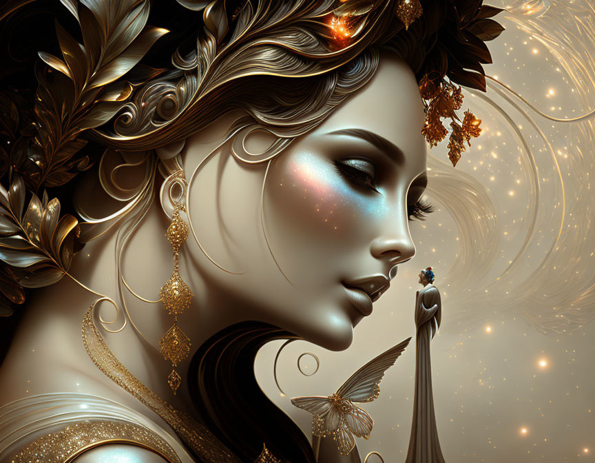 Detailed Illustration: Woman with Golden Adornments & Cosmic Theme