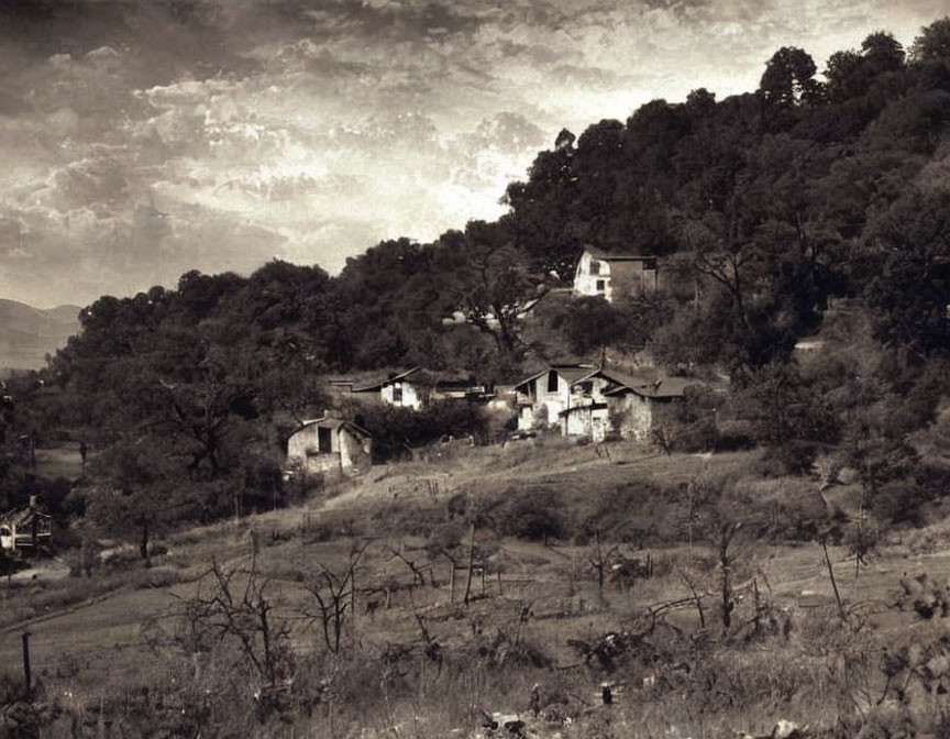 Sepia-toned vintage rural landscape with houses, trees, hills, cloudy sky