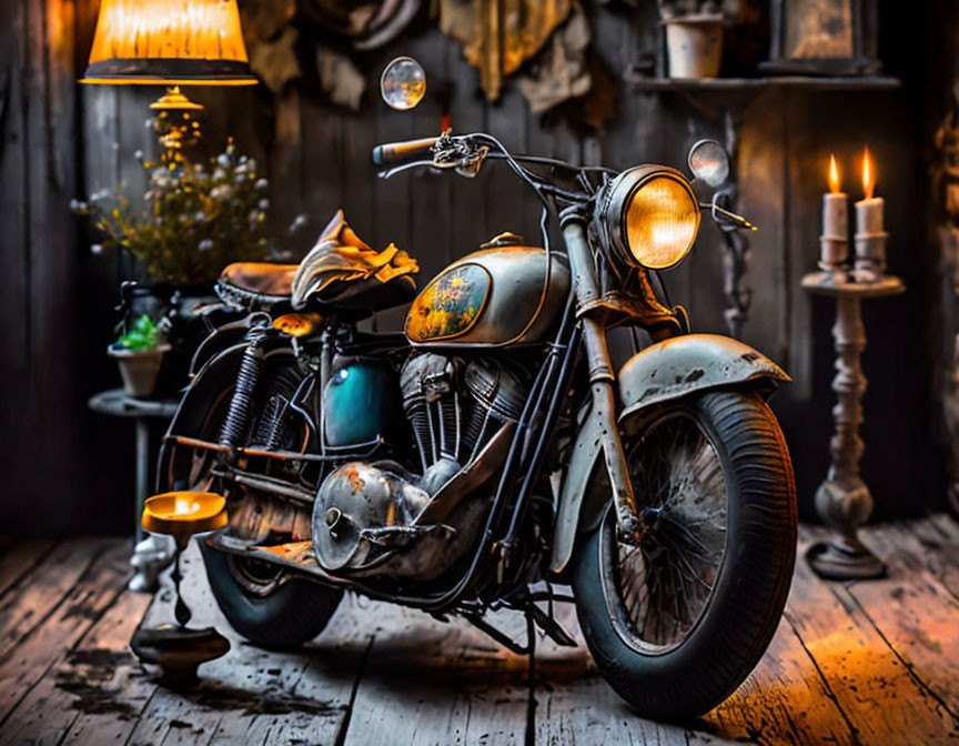 Vintage Motorcycle in Rustic Interior with Wooden Floors and Lit Candles