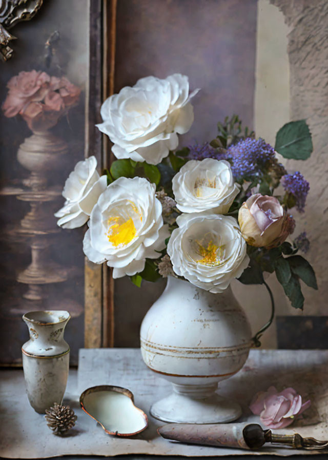 White and Pale Pink Flowers in Distressed Vase Still Life Display