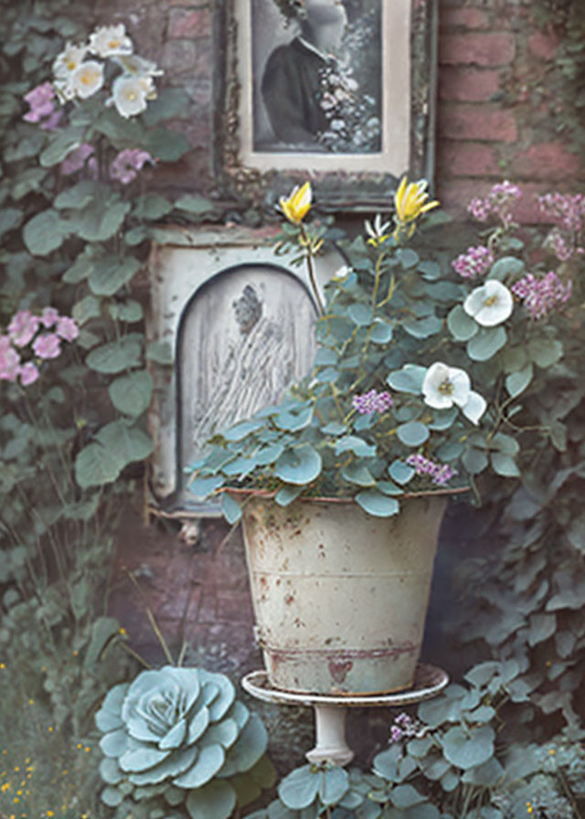 Weathered planter with greenery and flowers against brick wall with framed portrait