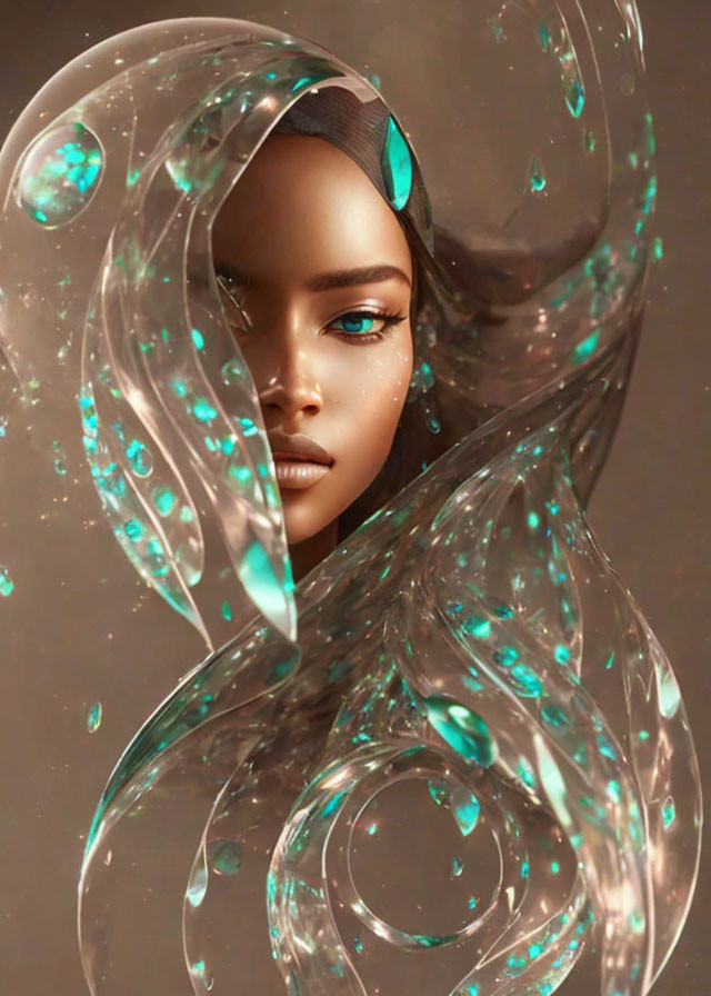 Translucent swirling elements in digital art portrait of a woman