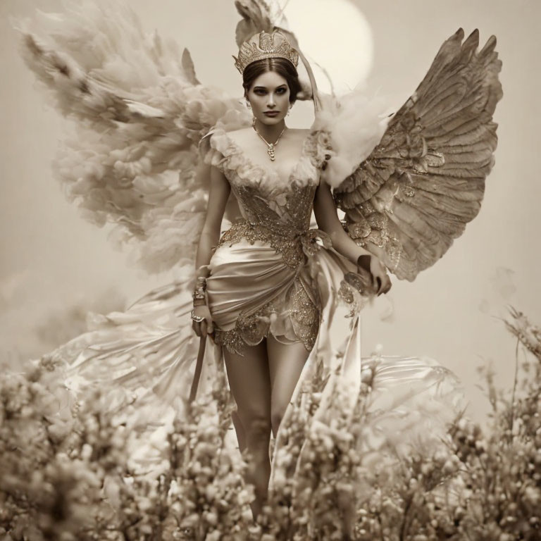 Sepia-Toned Image: Person with Feathery Wings, Ornate Dress & Crown in Field