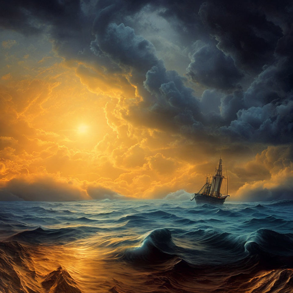 Sailing ship on stormy ocean with radiant sunset