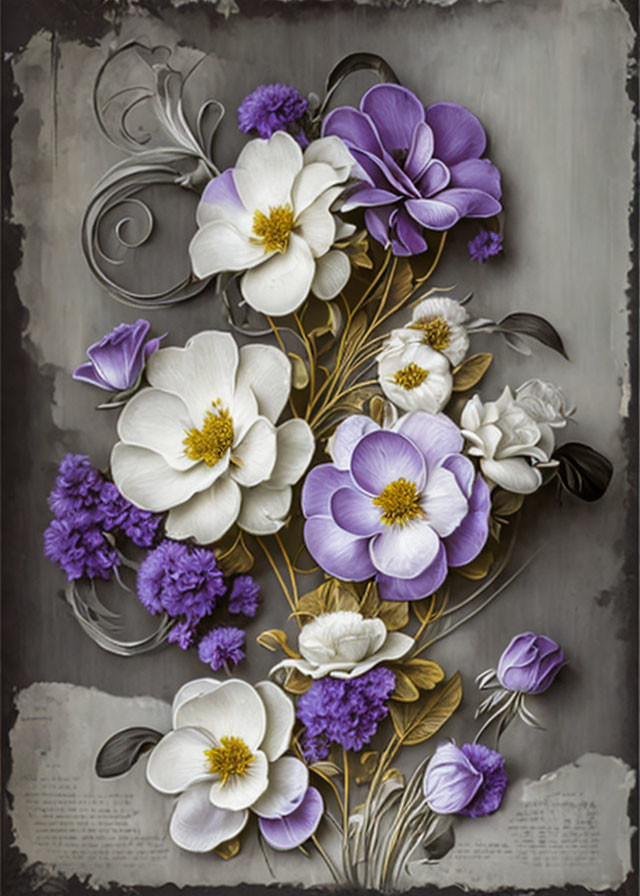 Grayscale image with white and purple flowers, golden accents, textured background