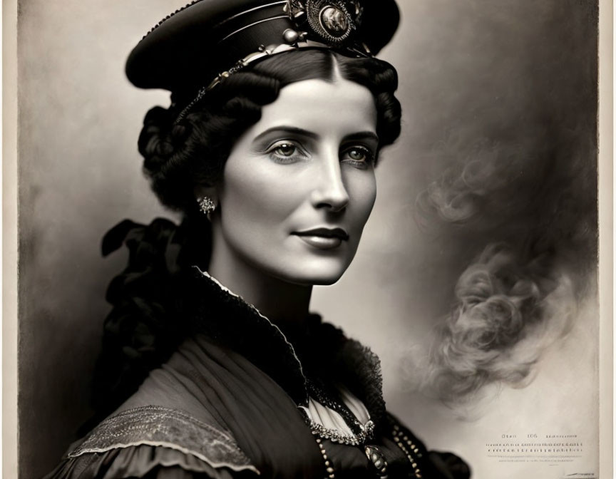 Elegant vintage portrait of a woman in intricate attire and hat