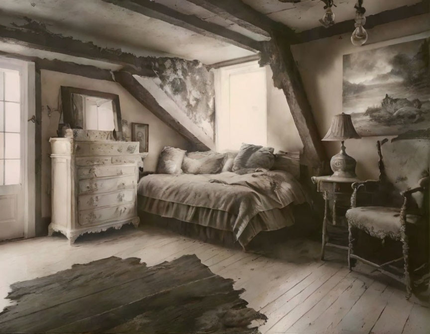 Rustic bedroom with plush bed, antique furniture, painted dresser, cozy chair, chandelier,