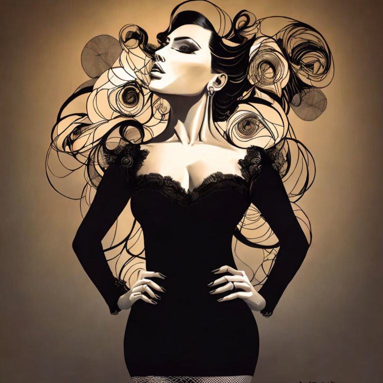 Stylized woman with exaggerated curves and ornate swirling hairstyle in black and gold.