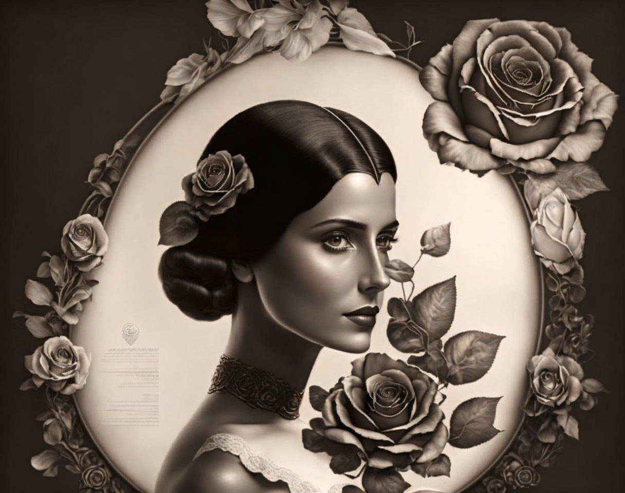 Vintage Monochrome Portrait of Woman with Roses and Circular Floral Frame