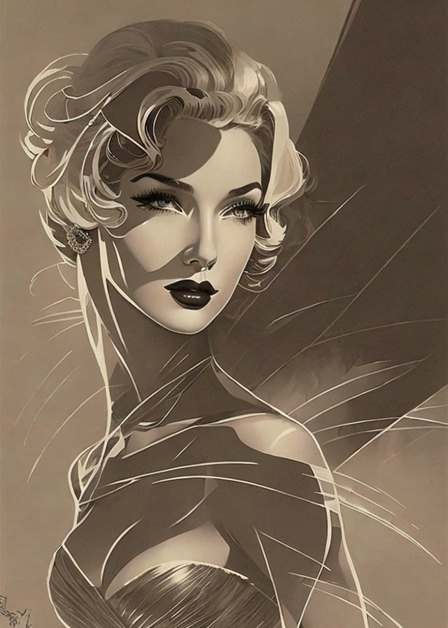 Monochrome retro woman with elegant hair and butterfly wing.