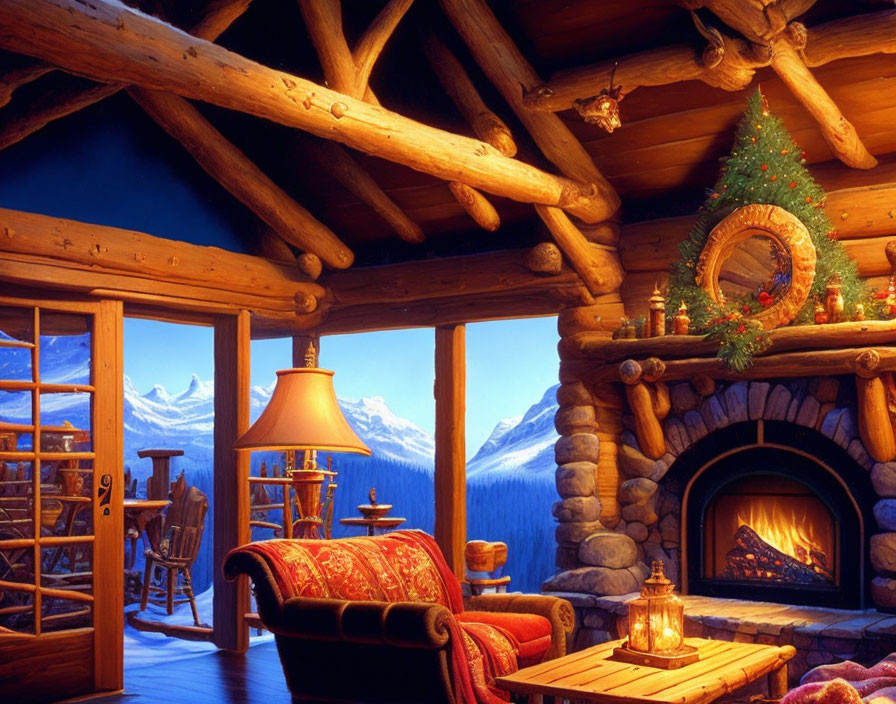 Cozy Log Cabin Interior with Fireplace, Christmas Decor, Snowy Mountain View