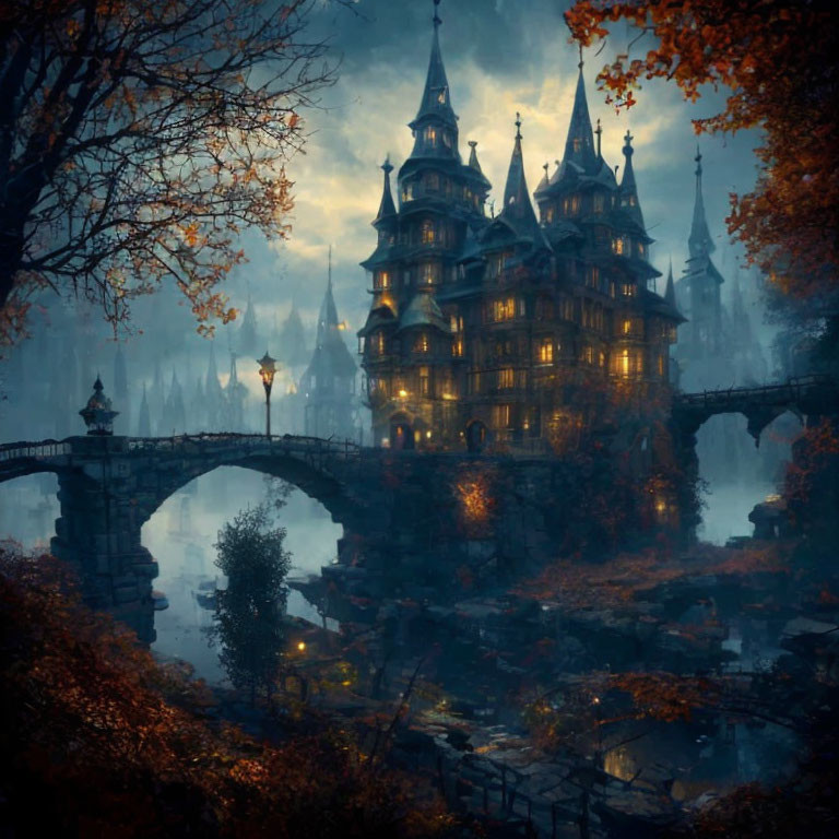 Illuminated castle at twilight with stone bridge and autumn foliage