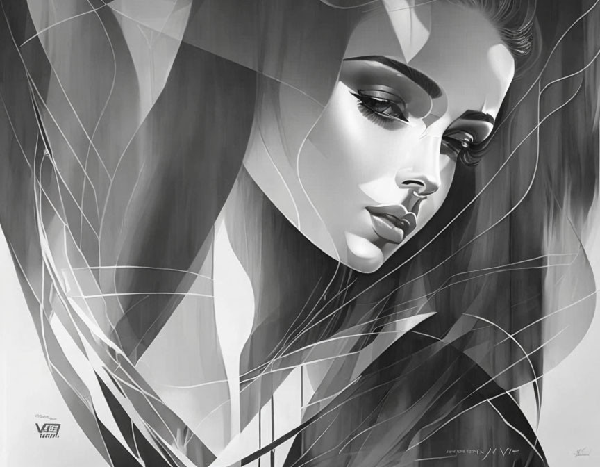 Monochromatic woman portrait with geometric overlay blending realism and abstract design