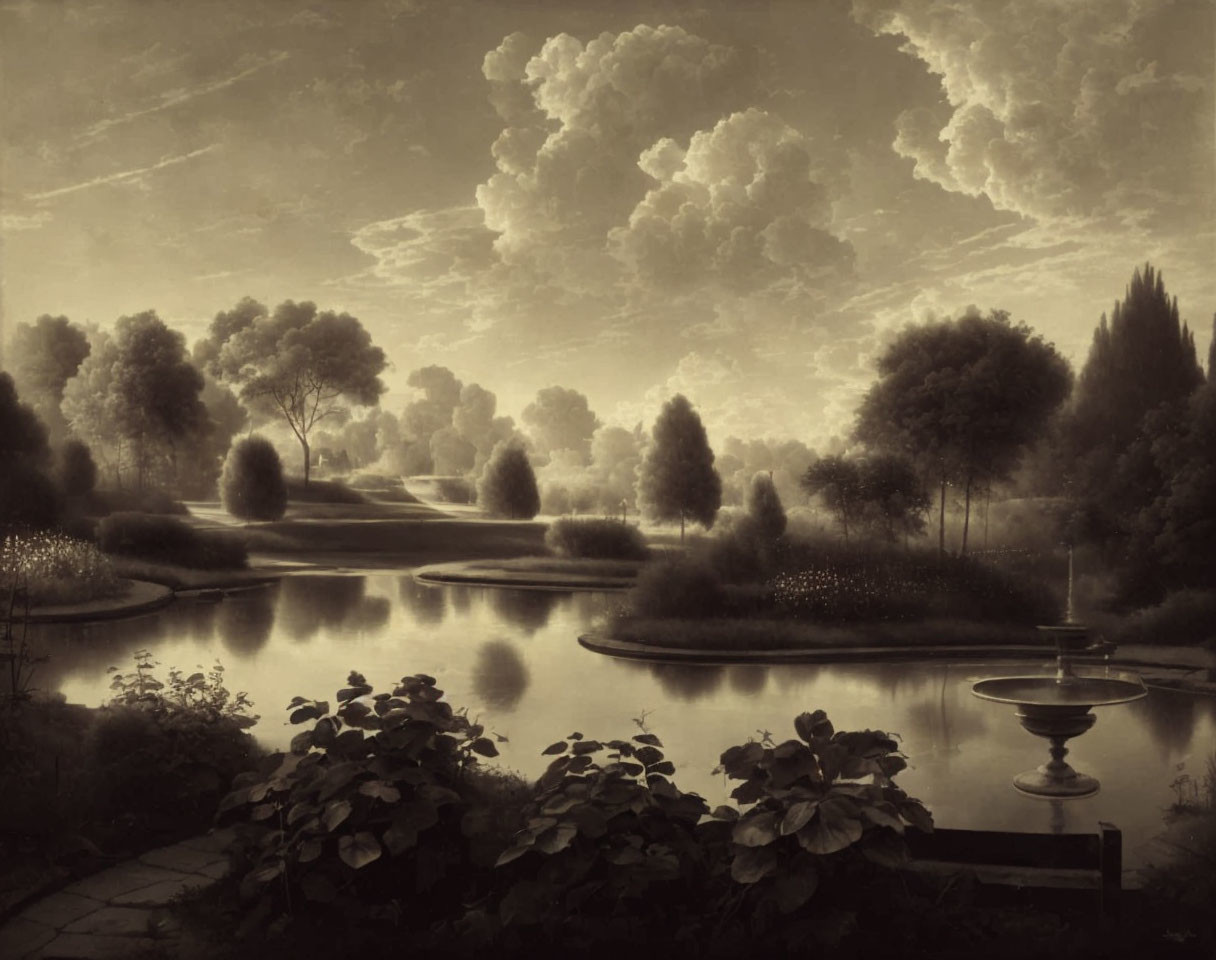 Sepia-Toned Landscape Painting of Tranquil Garden Pond