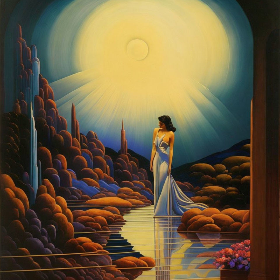 Woman in White Dress Amidst Orange Hills and Oversized Sun/Moon