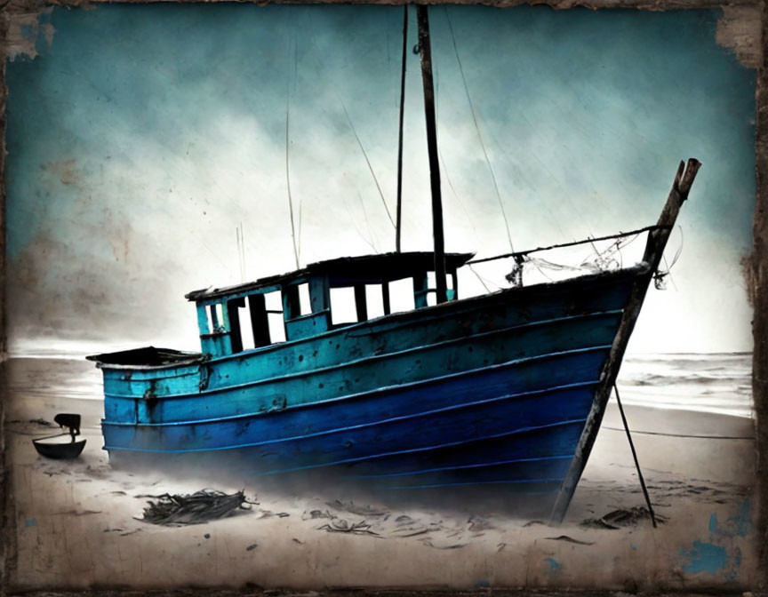 Abandoned blue fishing boat on gloomy, desolate beach