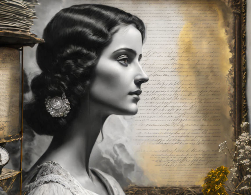 Monochrome portrait of woman with vintage hairstyle and earring on script background