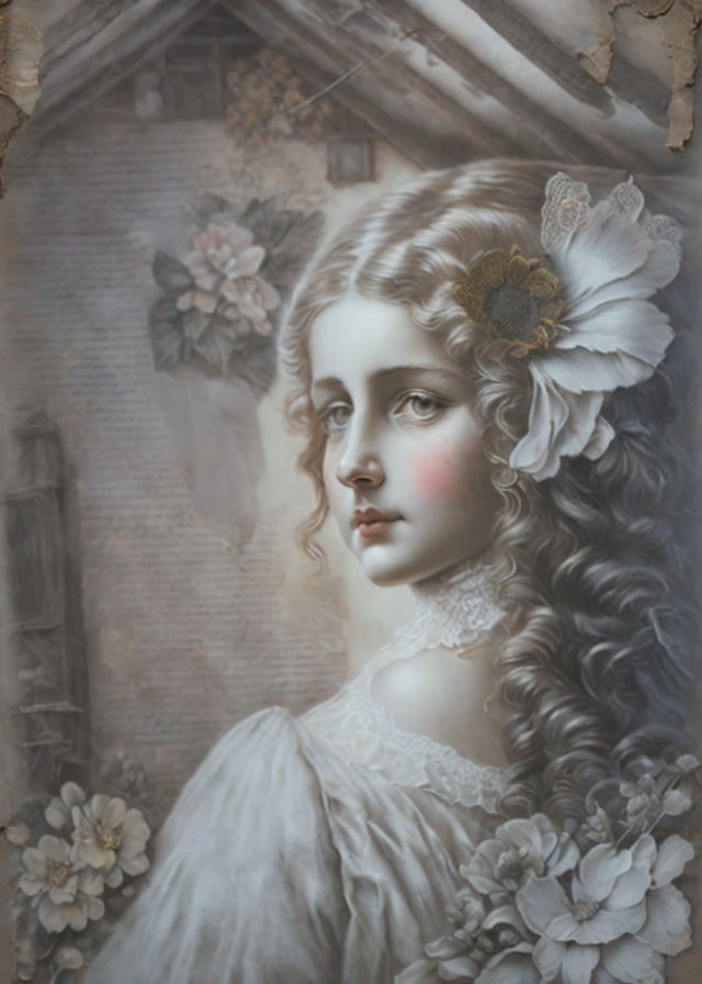 Vintage Portrait of Young Woman with Curly Hair and Floral Accents