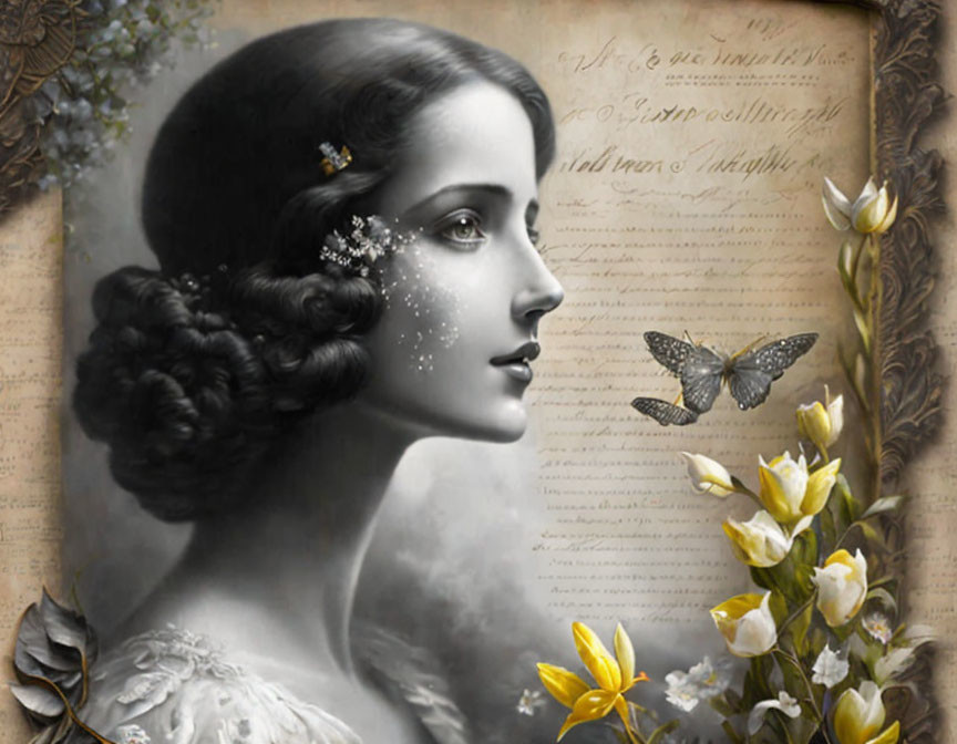 Vintage-Style Woman Illustration with Butterfly and Yellow Flowers