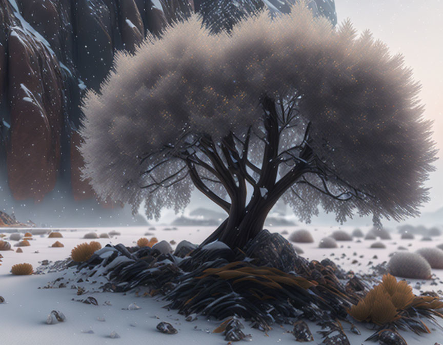 Solitary tree in snowy landscape with rocky backdrop