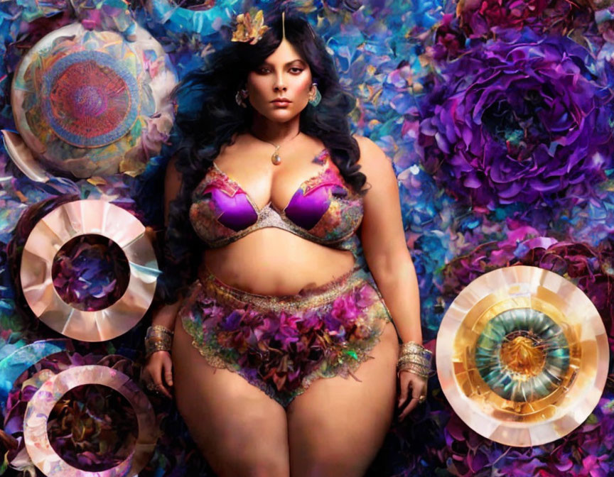 Woman in Purple Floral Bikini Surrounded by Colorful Flowers