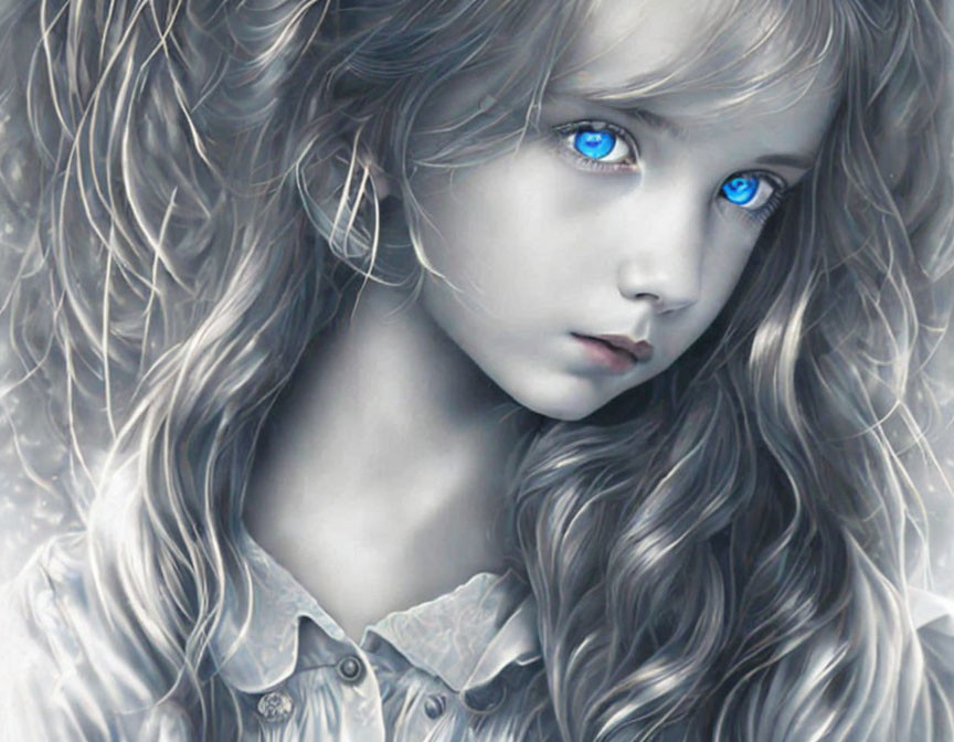 Young girl digital artwork: Blue-eyed, curly hair, monochrome color scheme.