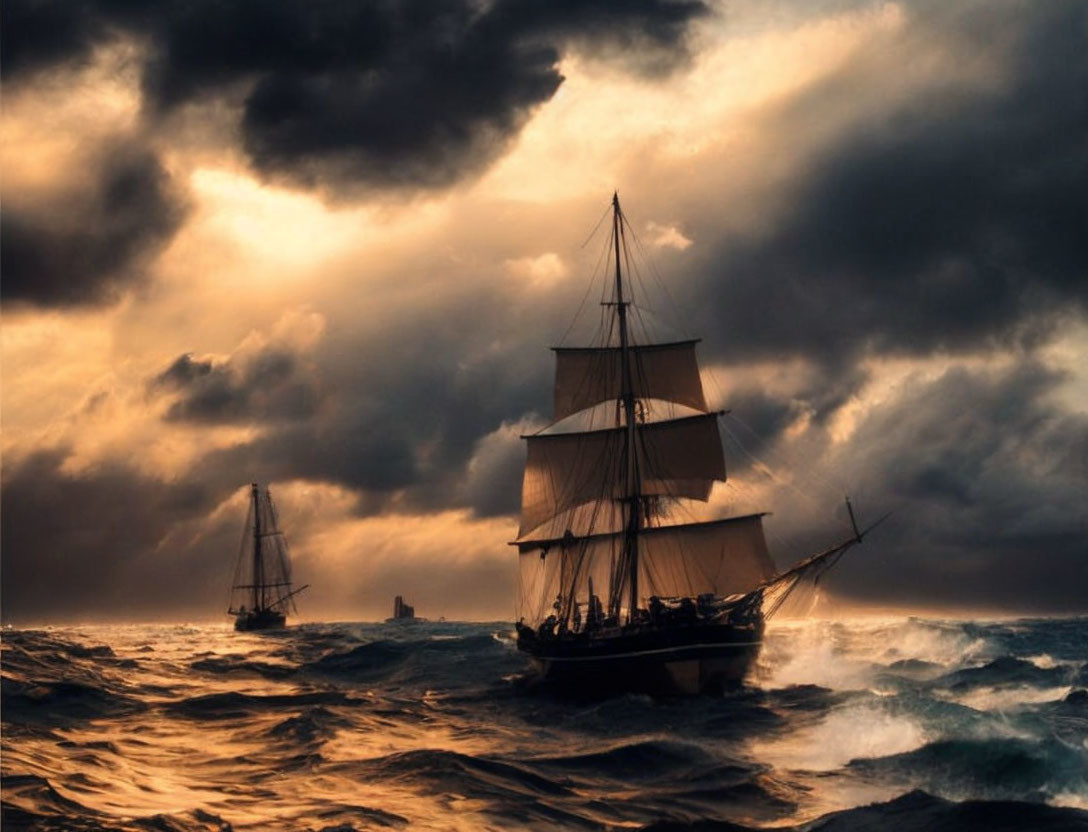 Tall ships sailing on turbulent seas under a dramatic sky with ominous clouds