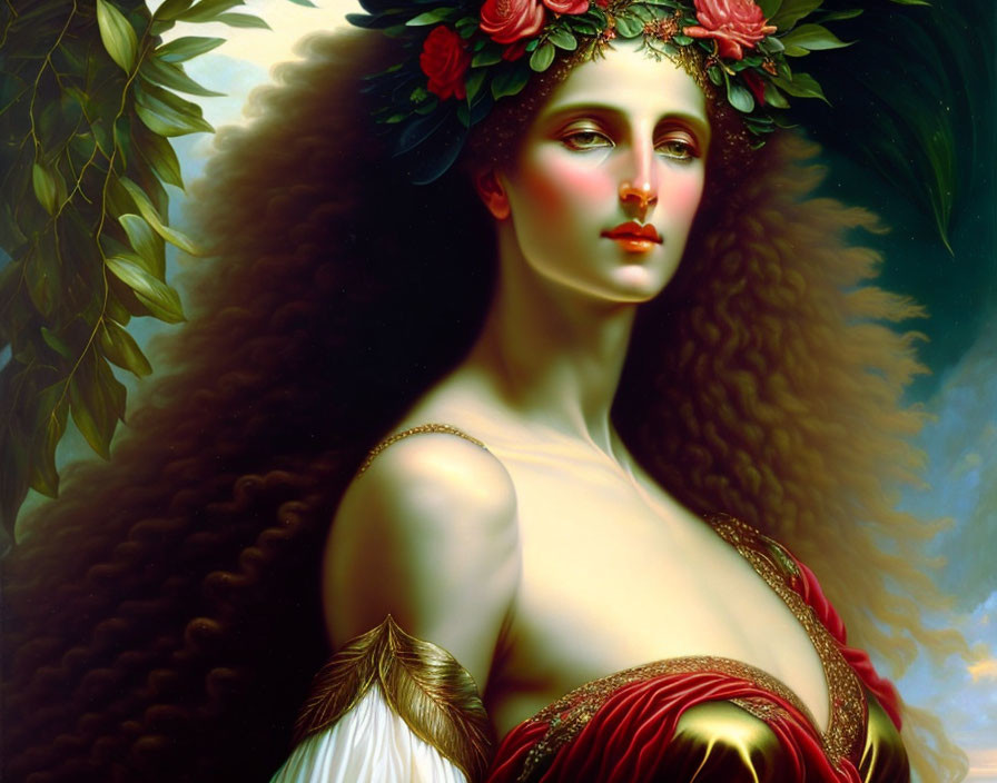 Classic Painting: Woman with Leafy Wreath, Dark Hair, Red Garment