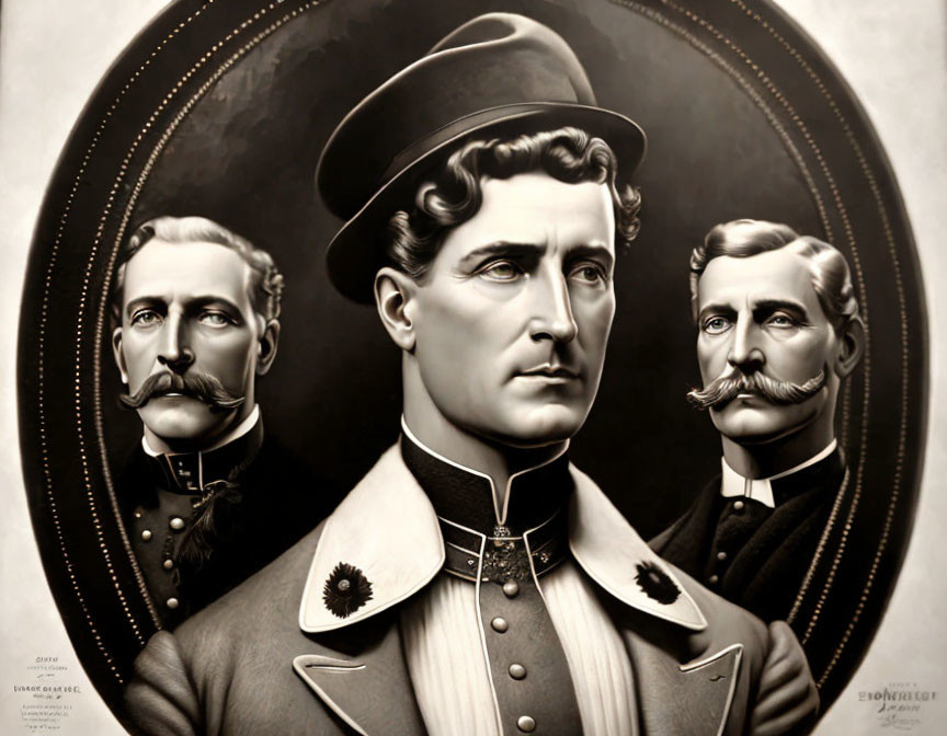 Monochromatic stylized image of three men with mustaches and period attire in oval frame