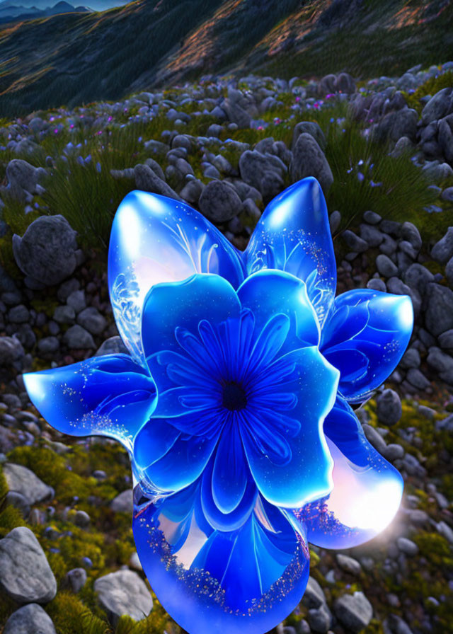 Glowing blue flower in mountain landscape with purple flora