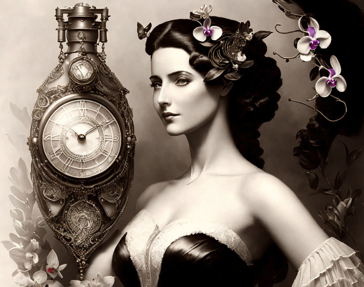 Vintage-styled woman with ornate jewelry and flowers beside an antique clock