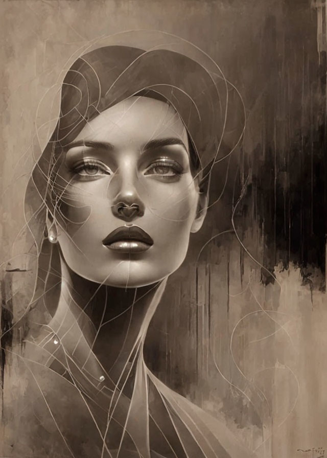 Monochromatic stylized portrait of a serene woman