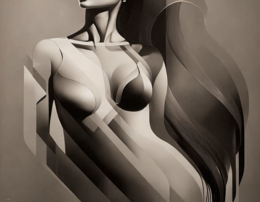 Abstract grayscale artwork of stylized female figure with flowing lines.