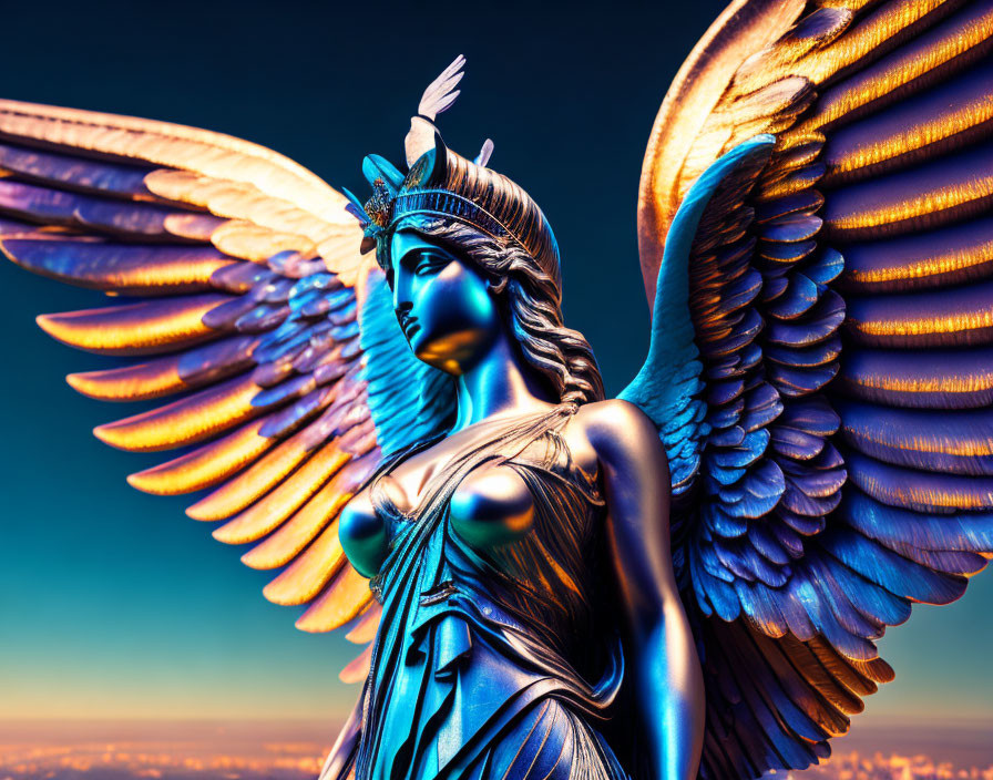 Colorful Winged Female Statue Against Gradient Sky: Blue and Orange Contrast