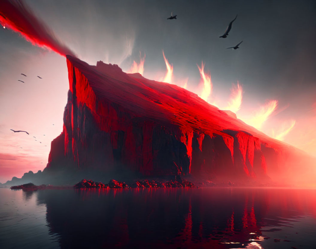 Colossal Cliff with Red Fiery Streams and Birds in Crimson Sky