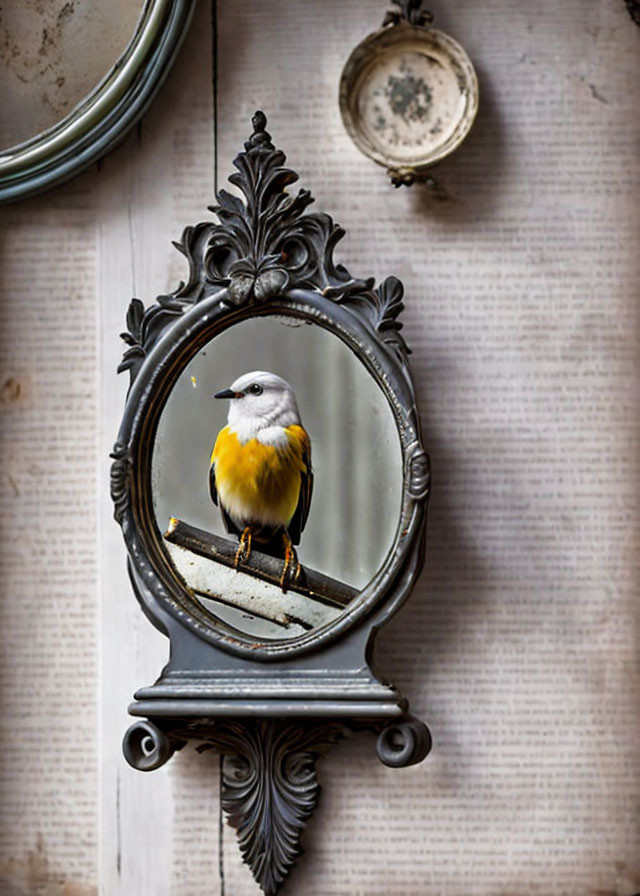 Yellow and Gray Bird on Vintage Mirror with Wooden Backdrop