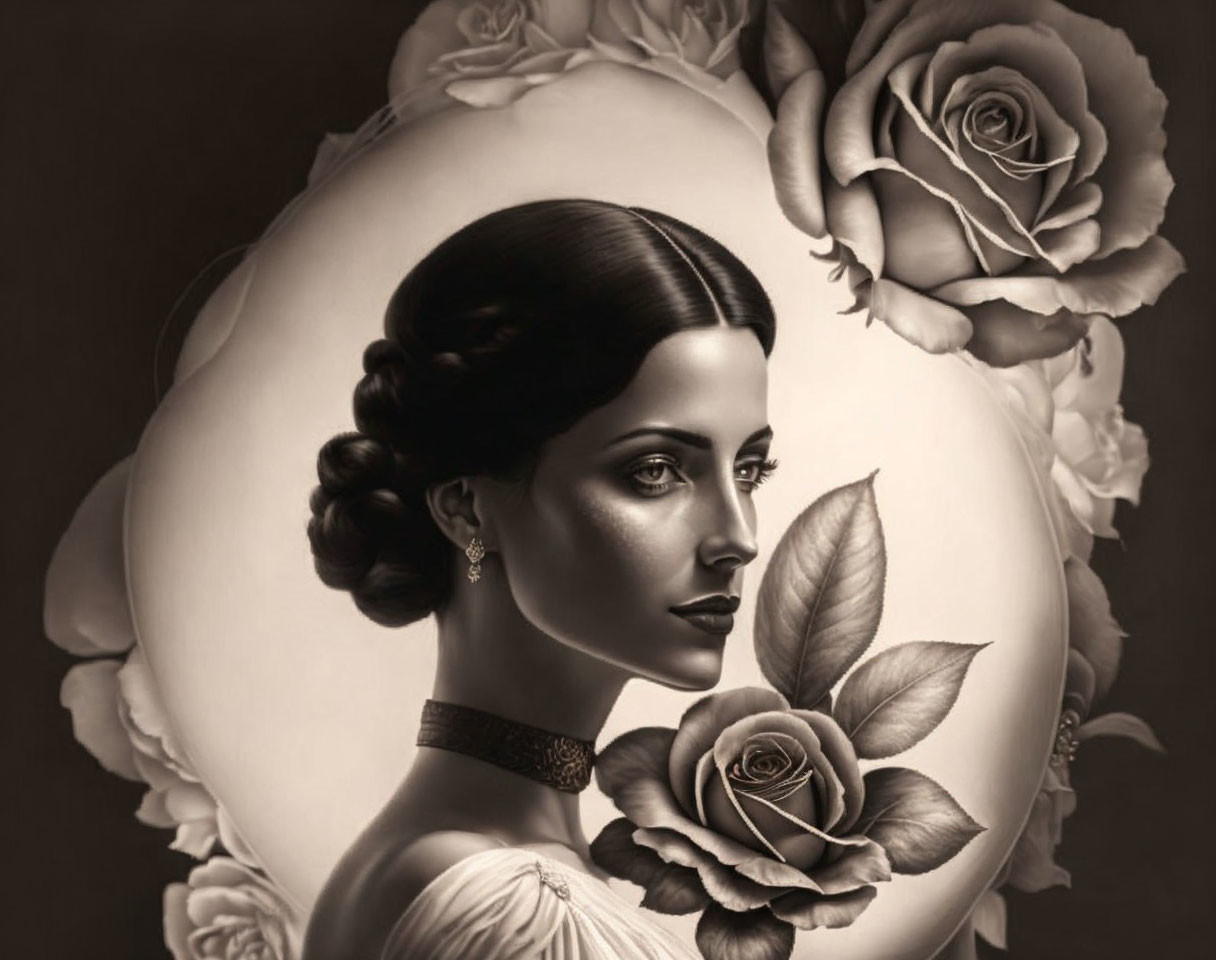 Monochrome portrait of woman with vintage hairstyle and roses