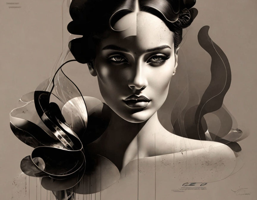 Monochromatic artistic illustration of a woman with abstract swirls depicting fluid motion