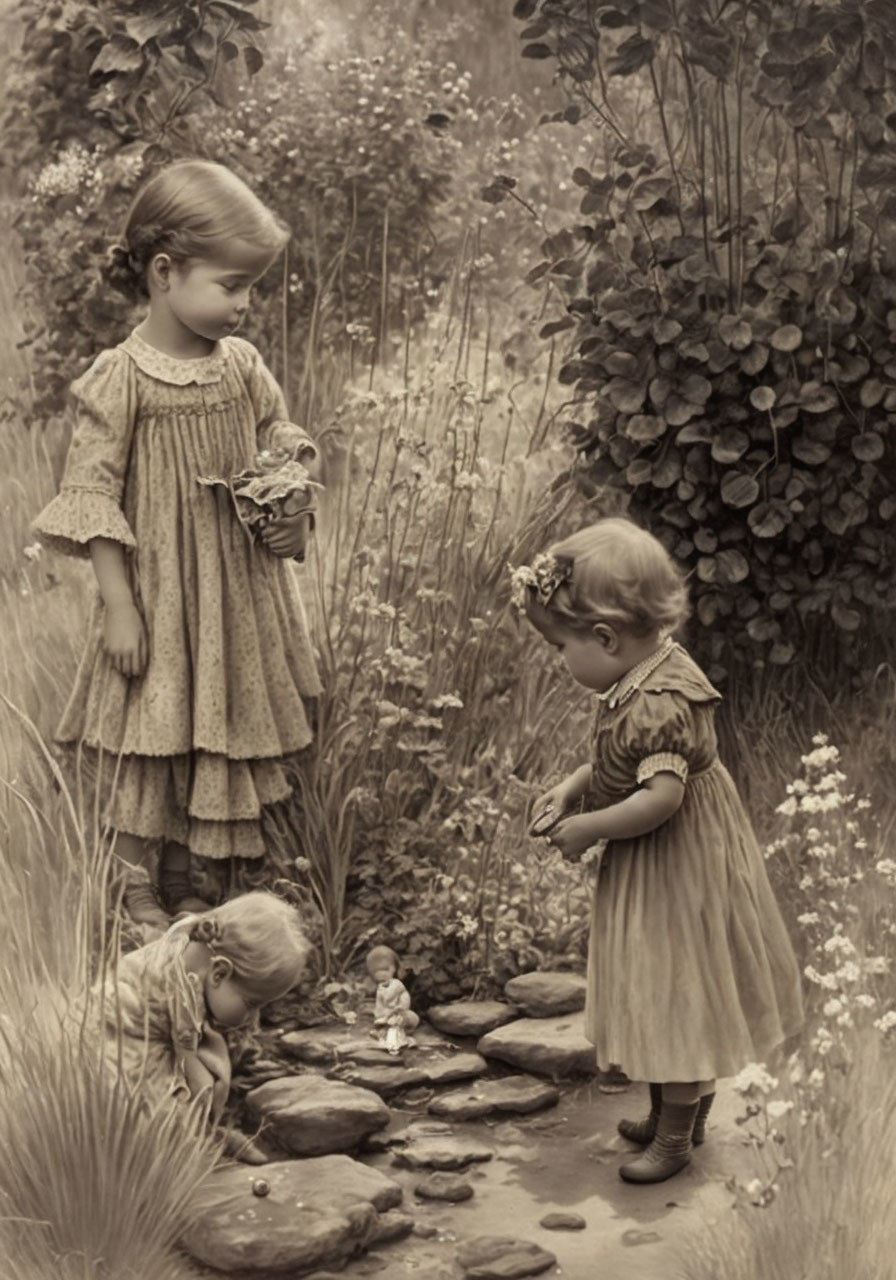 Vintage Attired Girls Admiring Figurine in Flower Garden