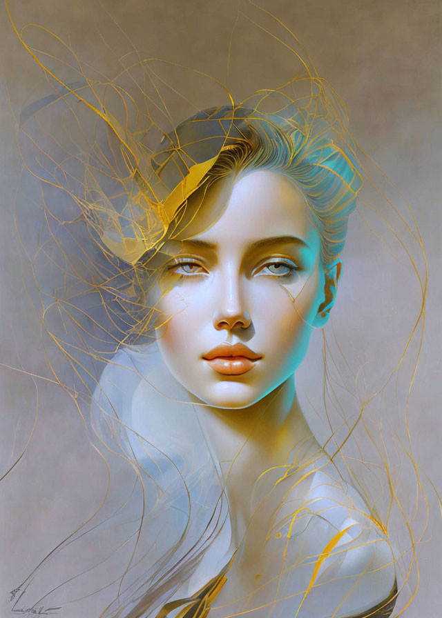 Portrait of a woman with flowing hair and ethereal glow in soft and vibrant tones