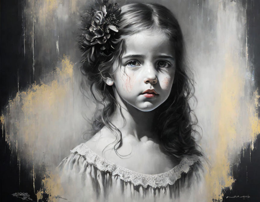 Monochromatic portrait of a girl with a delicate flower, highlighted by golden tones