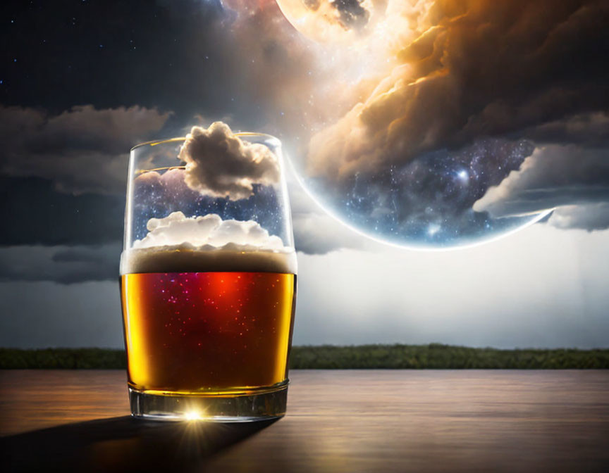 Cosmic beer glass with clouds in dramatic night sky