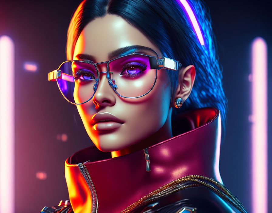 Detailed makeup woman in glasses with high-collar jacket on neon-lit background