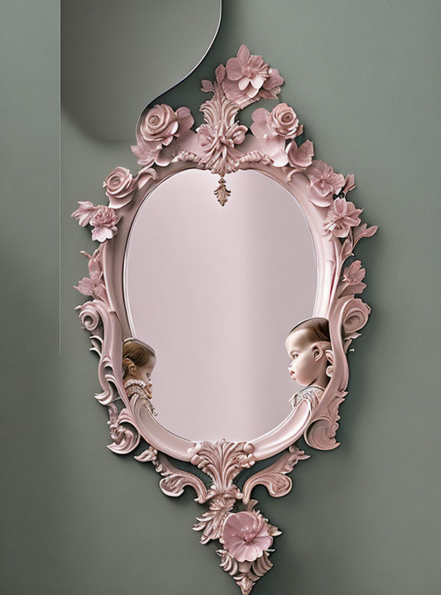 Ornate Floral Oval Mirror Reflecting Girl's Face Fragmented Artfully