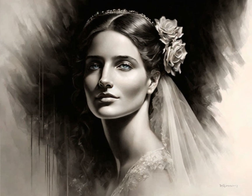 Monochromatic portrait of woman with tiara and floral accessory.