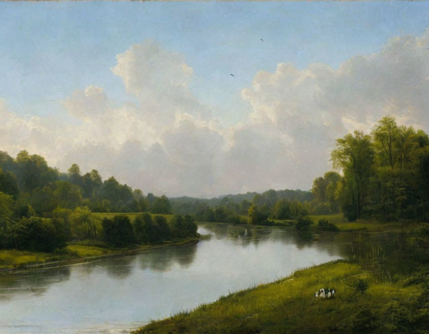 Tranquil landscape painting of a serene river scene